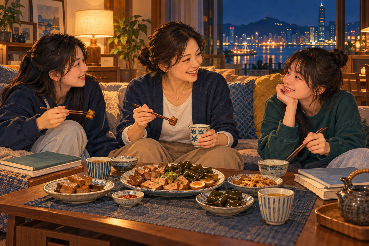 研究案例情境插圖：媽媽與女兒們在夜晚的客廳圍坐，一起享用滷味、開心聊天。